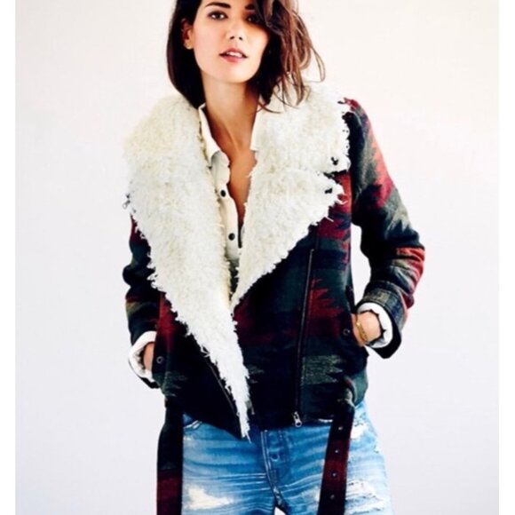 Free People Wool Blend Moto Jacket – Southwestern Aztec Print Sherpa Size Medium - Picture 1 of 8